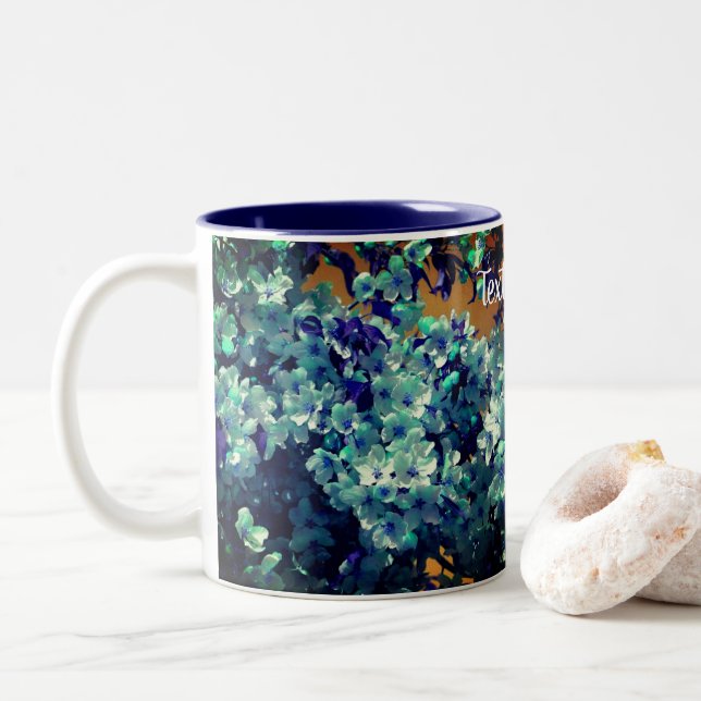 Blue Spring Blossoms Floral Art Personalised Two-Tone Coffee Mug (With Donut)