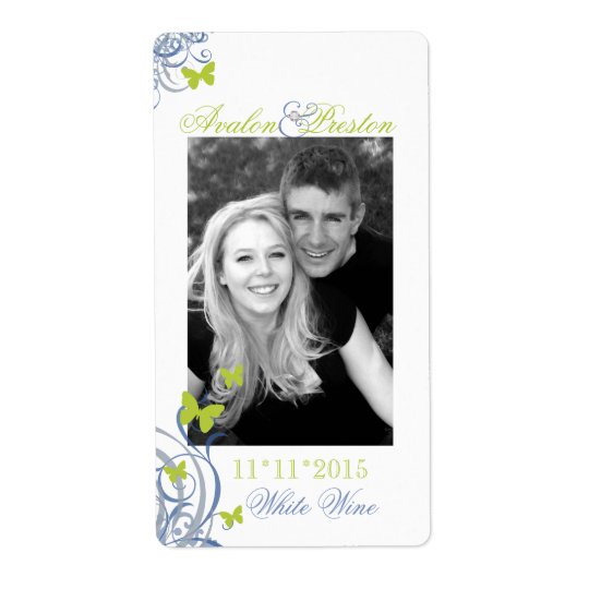 Blue Spring Butterfly Wedding Wine Label Shipping Label
