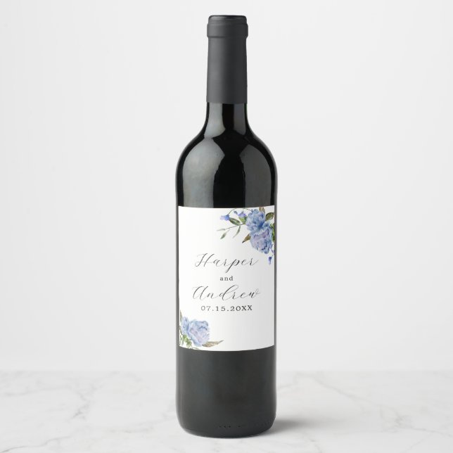 Blue Spring Flowers Wedding Wine Label (Front)