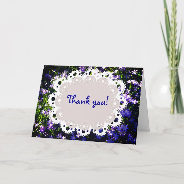 Blue Spring Flowers & White Doily Thank You Card (Front)