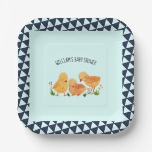 Blue Spring Little Chicken Family Boy Baby Shower Paper Plate
