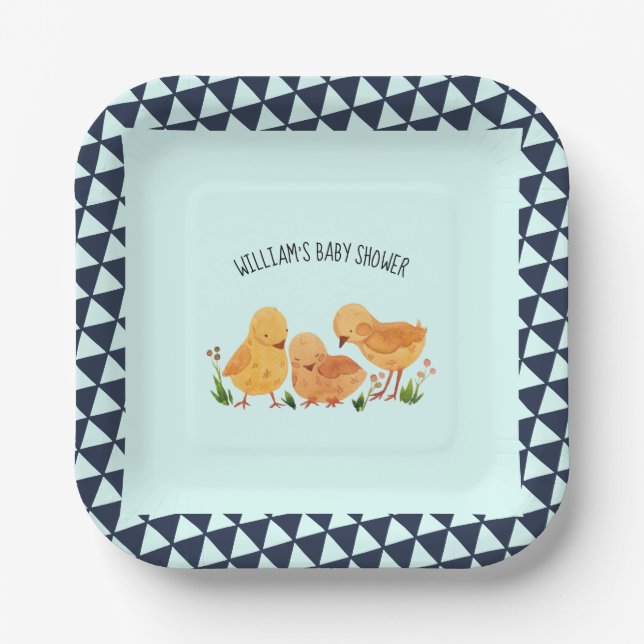 Blue Spring Little Chicken Family Boy Baby Shower Paper Plate (Front)