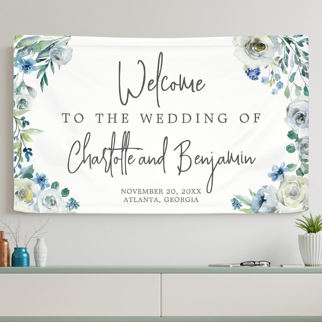 Blue Spring Watercolor Floral Chic Wedding Welcome Banner (Creator Uploaded)