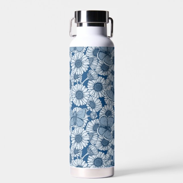 Blue spring, wild flowers, daisies water bottle (Front)