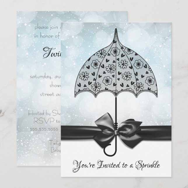 Blue Sprinkle Baby Shower  Black Lace Umbrella Invitation (Front/Back)
