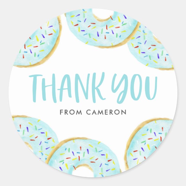 Blue Sprinkle Doughnuts Birthday Party Thank You Classic Round Sticker (Front)