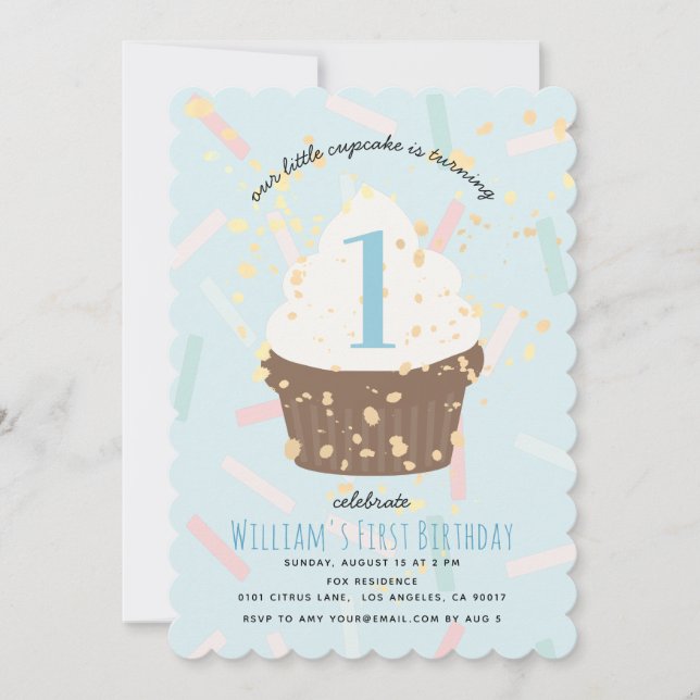 Blue Sprinkles Cupcake Birthday Invitation (Front)