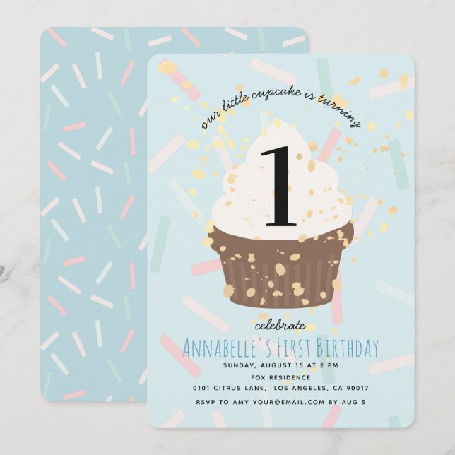 Blue Sprinkles Cupcake Birthday Invitation (Front/Back)