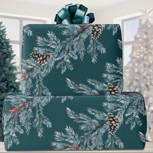 Blue Spruce Cones Red Ilex Berries Garland Teal Wrapping Paper (Creator Uploaded)