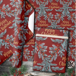 Blue Spruce Red Berries Gold Merry Christmas Wrapping Paper