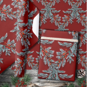 Blue Spruce Red Berries Lattice Dark Red Wrapping Paper