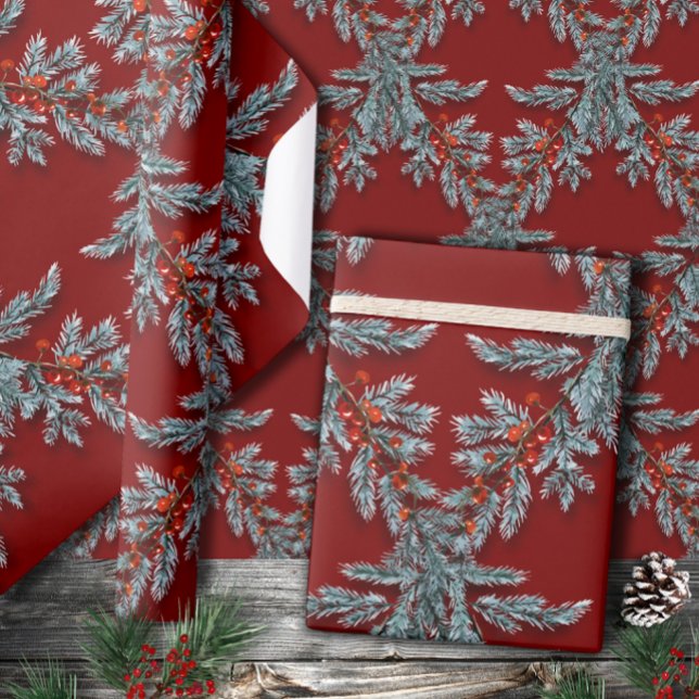 Blue Spruce Red Berries Lattice Dark Red Wrapping Paper (Creator Uploaded)
