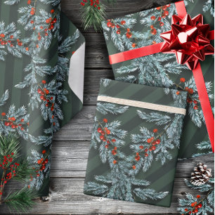 Blue Spruce Red Berries Lattice Forest Green Wrapping Paper