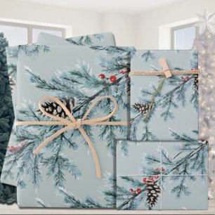 Blue Spruce White Cones Red Berries Garland Wrapping Paper Sheet