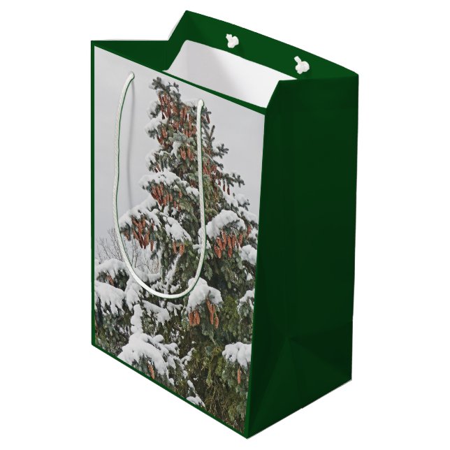 BLUE SPRUCE WITH SNOW AND PINE CONES MEDIUM GIFT BAG (Back Angled)