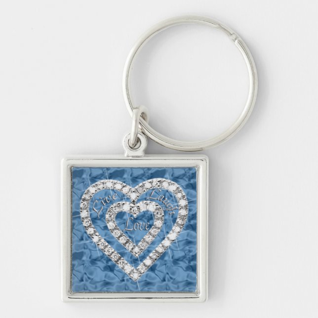 Blue Square Live Laugh Love Diamond Heart Keychain (Front)