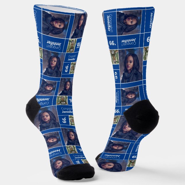 Blue Square Photo Graduation Class Year Socks (Angled)