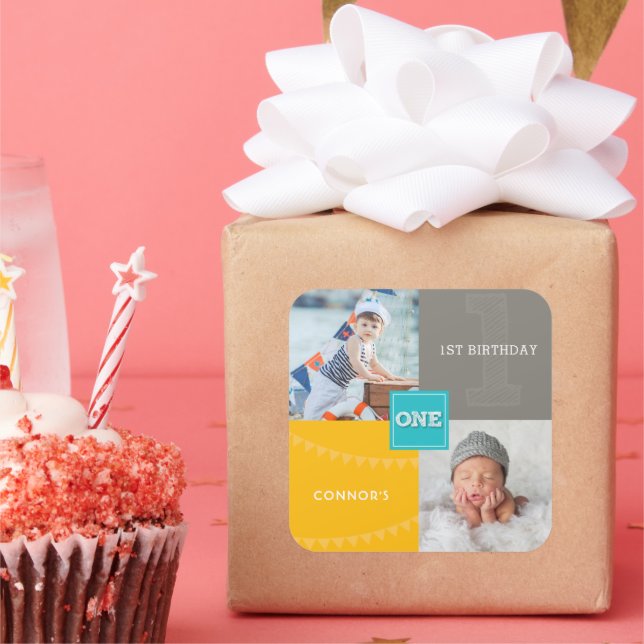 Blue Square Sketch One Baby Boy 1st Birthday Photo Sticker (Party)