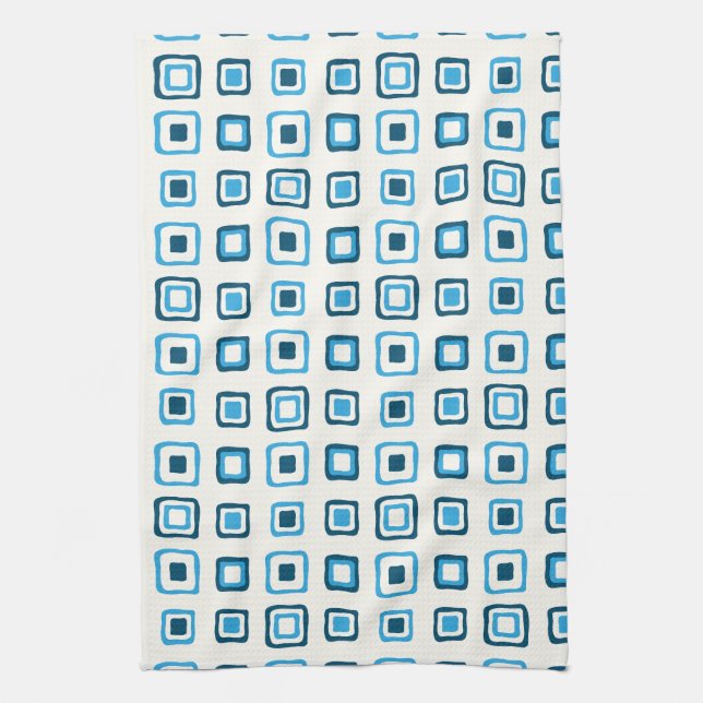 Blue Squares in Blue Squares in Blue Squares Tea Towel (Vertical)