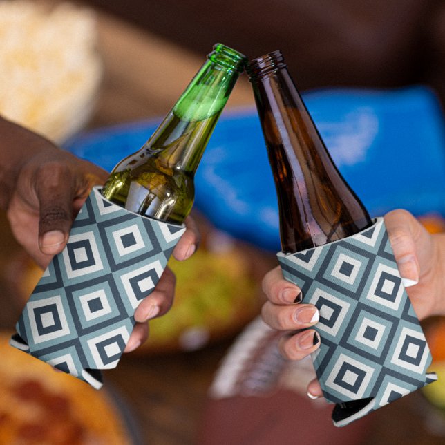 Blue Squares Pattern Can Cooler (blue geometric squares cooler)