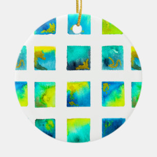 Blue squares watercolor abstract ceramic tree decoration