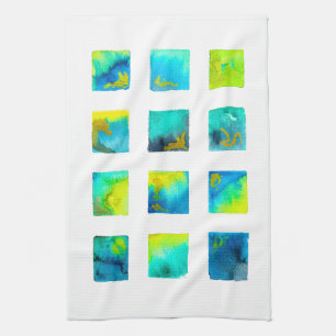 Blue squares watercolor abstract tea towel