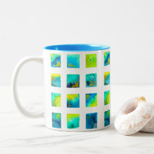 Blue squares watercolor abstract Two-Tone coffee mug