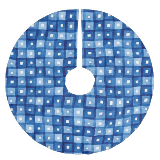 Blue Squares, Watercolor Seamless Mosaic. Brushed Polyester Tree Skirt