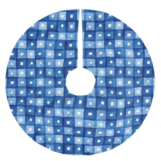 Blue Squares, Watercolor Seamless Mosaic. Brushed Polyester Tree Skirt (Front)