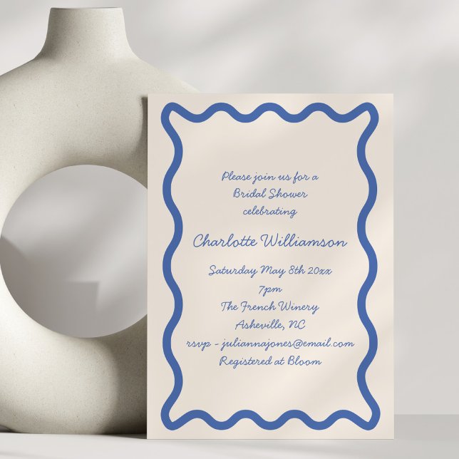 Blue Squiggle Wavy Border Bridal Shower Party Invitation (Creator Uploaded)