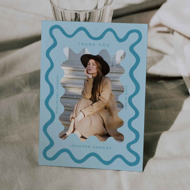 Blue Squiggly Wavy Frame Graduation Thank You Announcement (Creator Uploaded)