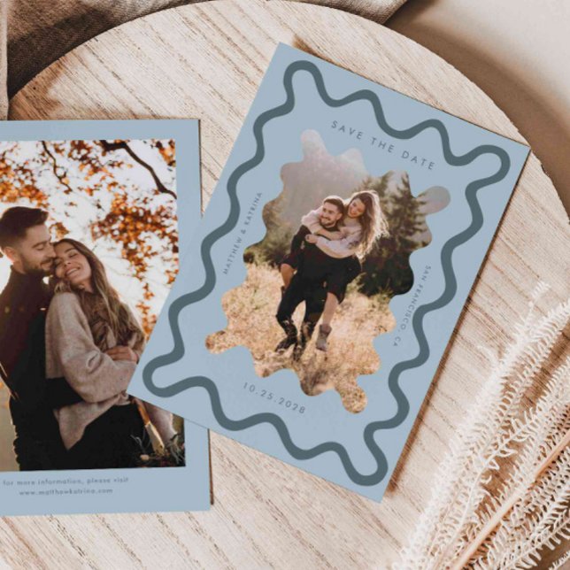 Blue Squiggly Wavy Frame Wedding Save The Date (Creator Uploaded)