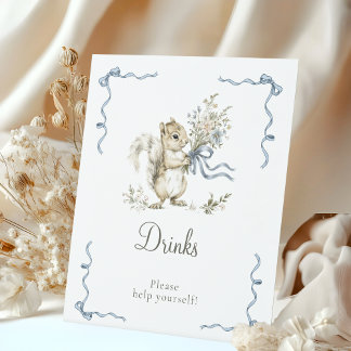 Blue Squirrel Baby Shower Drinks Sign Boy Woodland