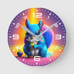 Blue Squirrel Eating A Fruit Round Clock