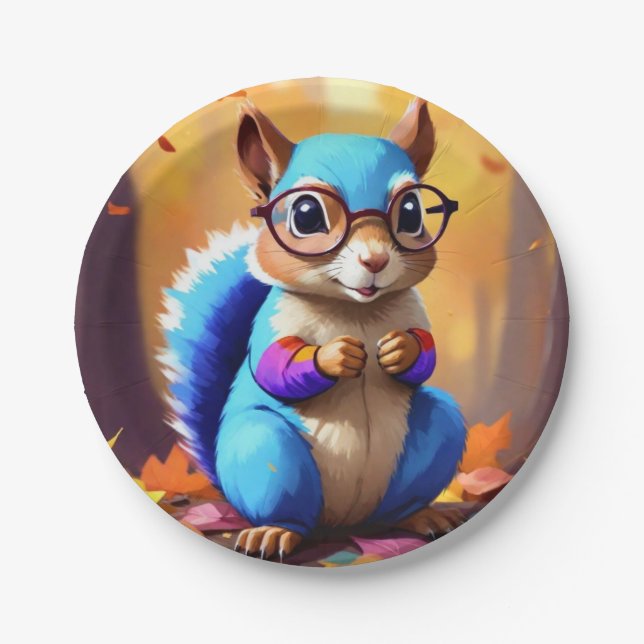 Blue Squirrel Wearing Glasses Paper Plate (Front)
