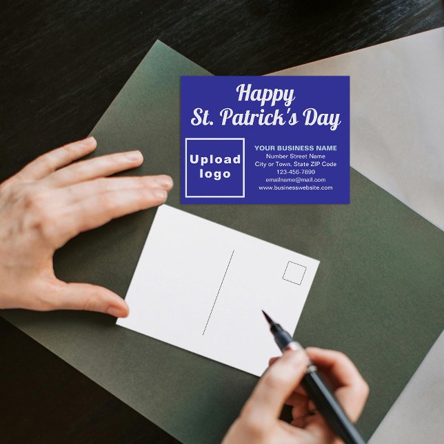 Blue St. Patrick Business Holiday Postcard (Business brand with St. Patrick greeting on blue holiday postcard)