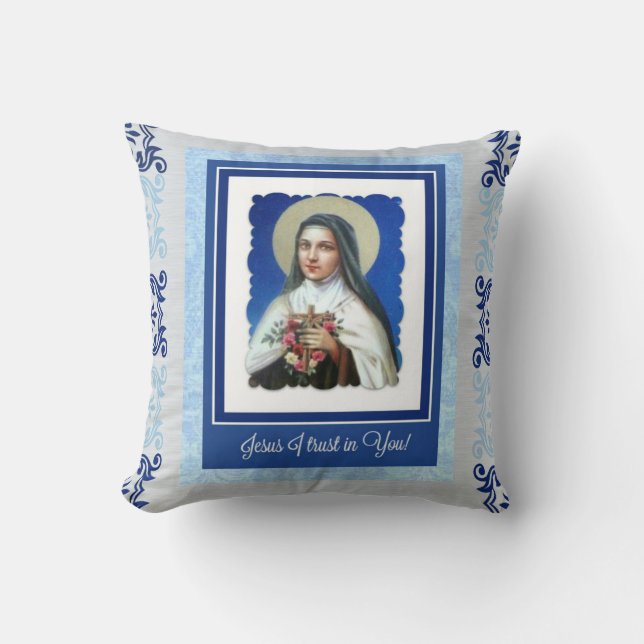 Blue St. Therese the Little Flower with quote Cushion (Front)