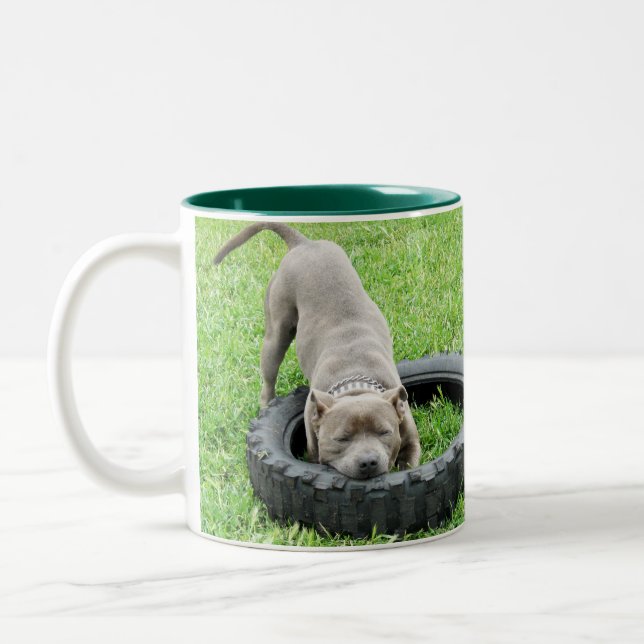 Blue Staffordshire Bull Terrier Play Time, Two-Tone Coffee Mug (Left)