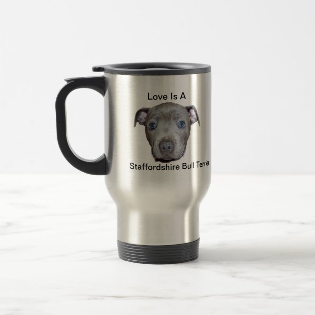 Blue Staffordshire Bull Terrier Puppy Love, Travel Mug (Left)