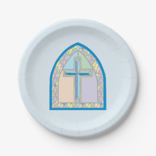 Blue Stained Glass First Communion Paper Plate