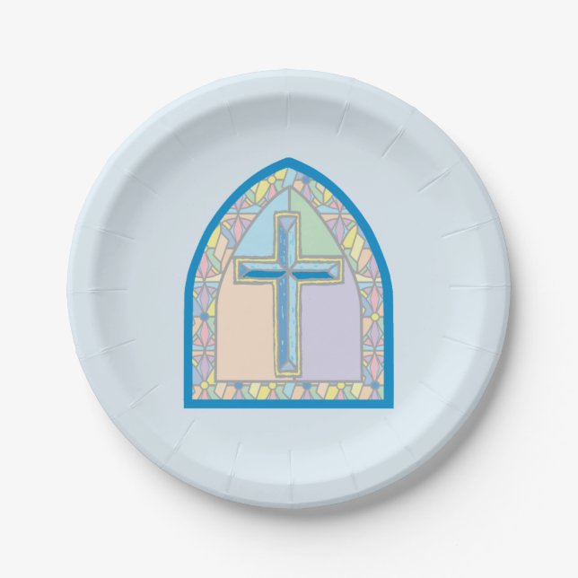 Blue Stained Glass First Communion Paper Plate (Front)