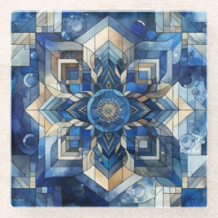 Blue Stained Glass Flower Geometric Watercolor Coaster