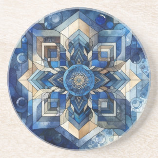 Blue Stained Glass Flower Geometric Watercolor Coaster