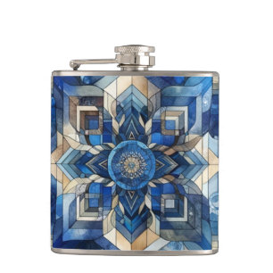 Blue Stained Glass Flower Geometric Watercolor Hip Flask