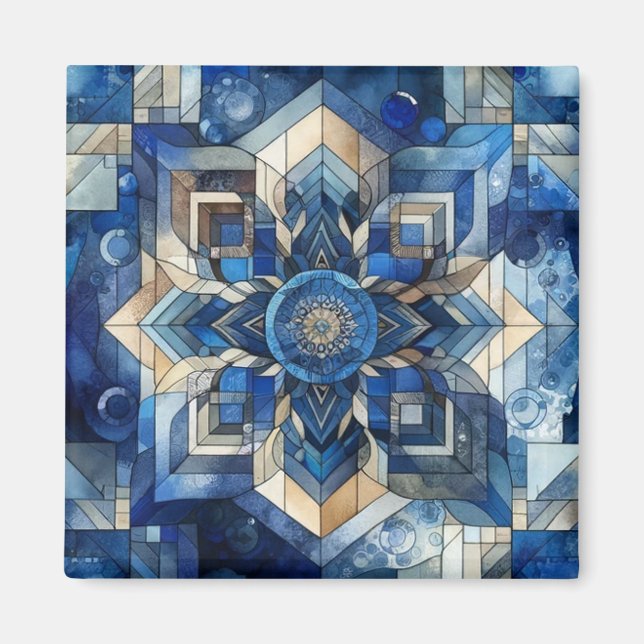 Blue Stained Glass Flower Geometric Watercolor Magnet (Front)