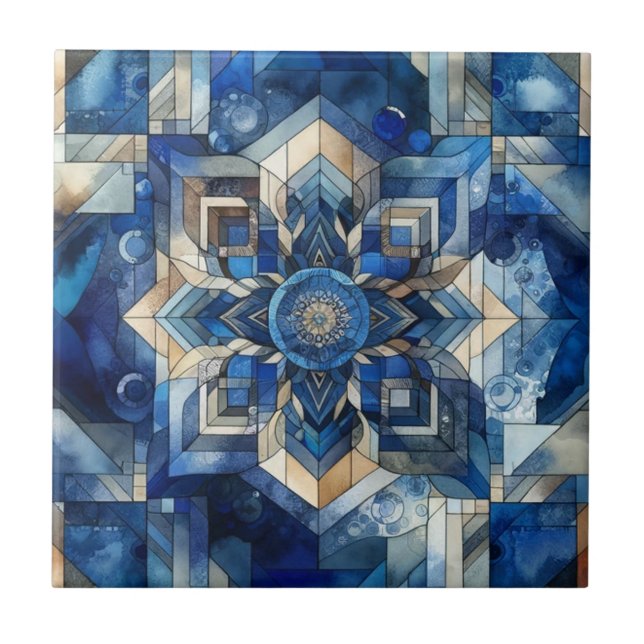 Blue Stained Glass Flower Geometric Watercolor Tile (Front)