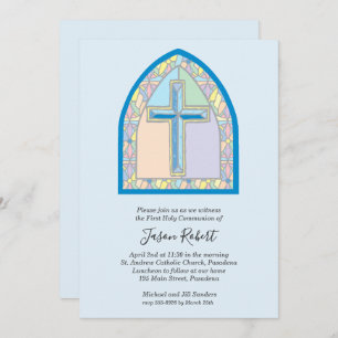 Blue Stained Glass Window First Communion Invitation