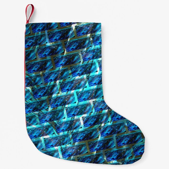 Blue stained grazed, grate or leaning brick effect small christmas stocking (Front)