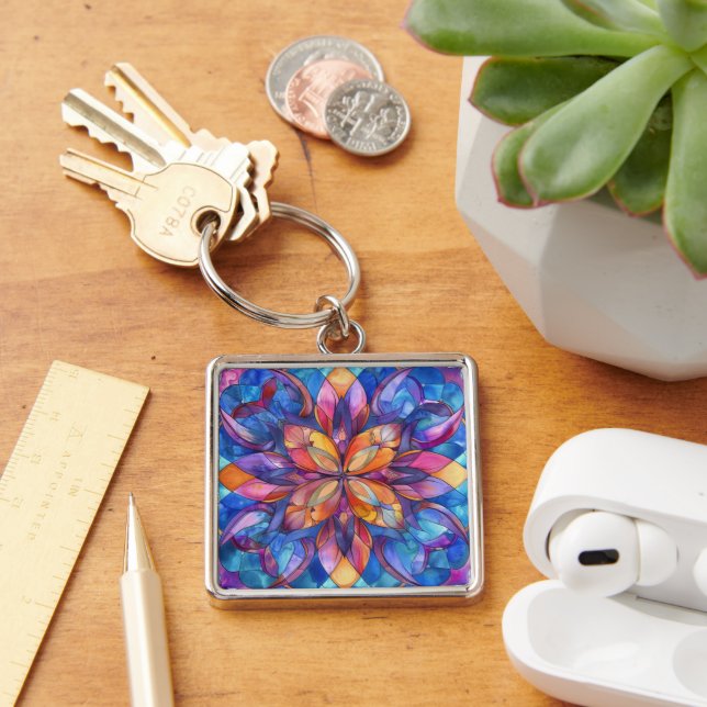 Blue Stainglass Square Keychain (Desk)