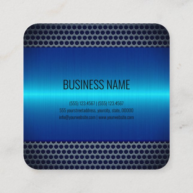 Blue Stainless Steel Metal Look Square Business Card (Back)